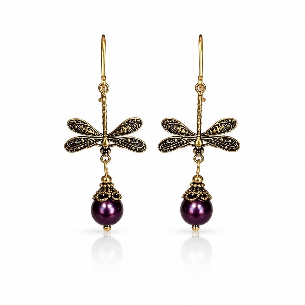 Gold Dragonfly Earrings with Purple Pearls - Picture 1 of 10